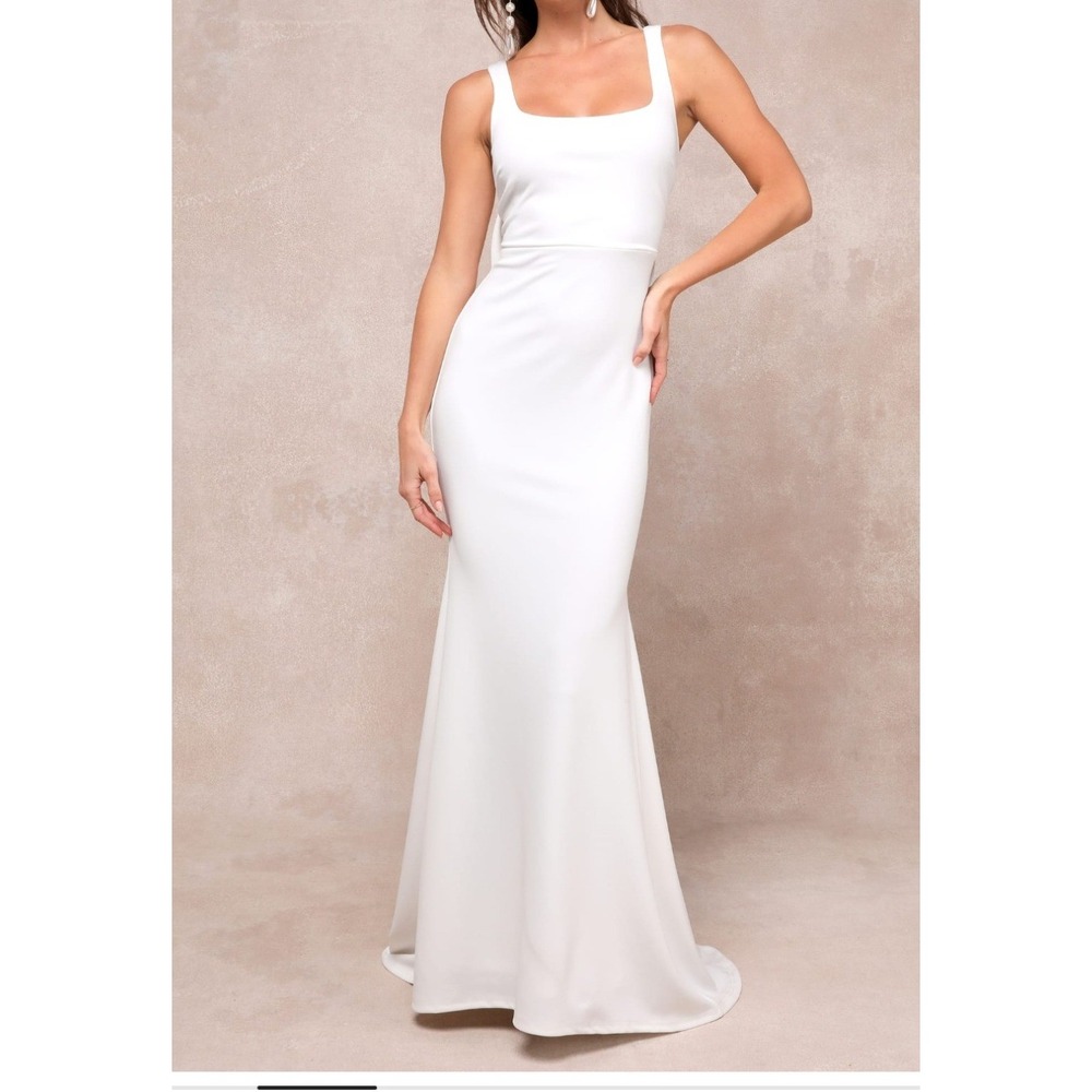 Lulus Loving Fate White Crepe Backless Bow Maxi Dress Wedding Gown Sleeveless